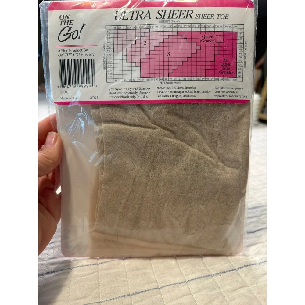 On The Go! Ultra Sheer Pantyhose Sheer Toe Oatmeal Size 3 NIP Made in USA 010A3